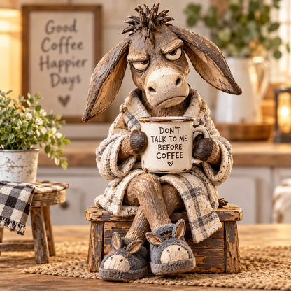 🐴☕ Morning Coffee Donkey – Funny Grumpy Donkey Figurine for Rustic Farmhouse Decor