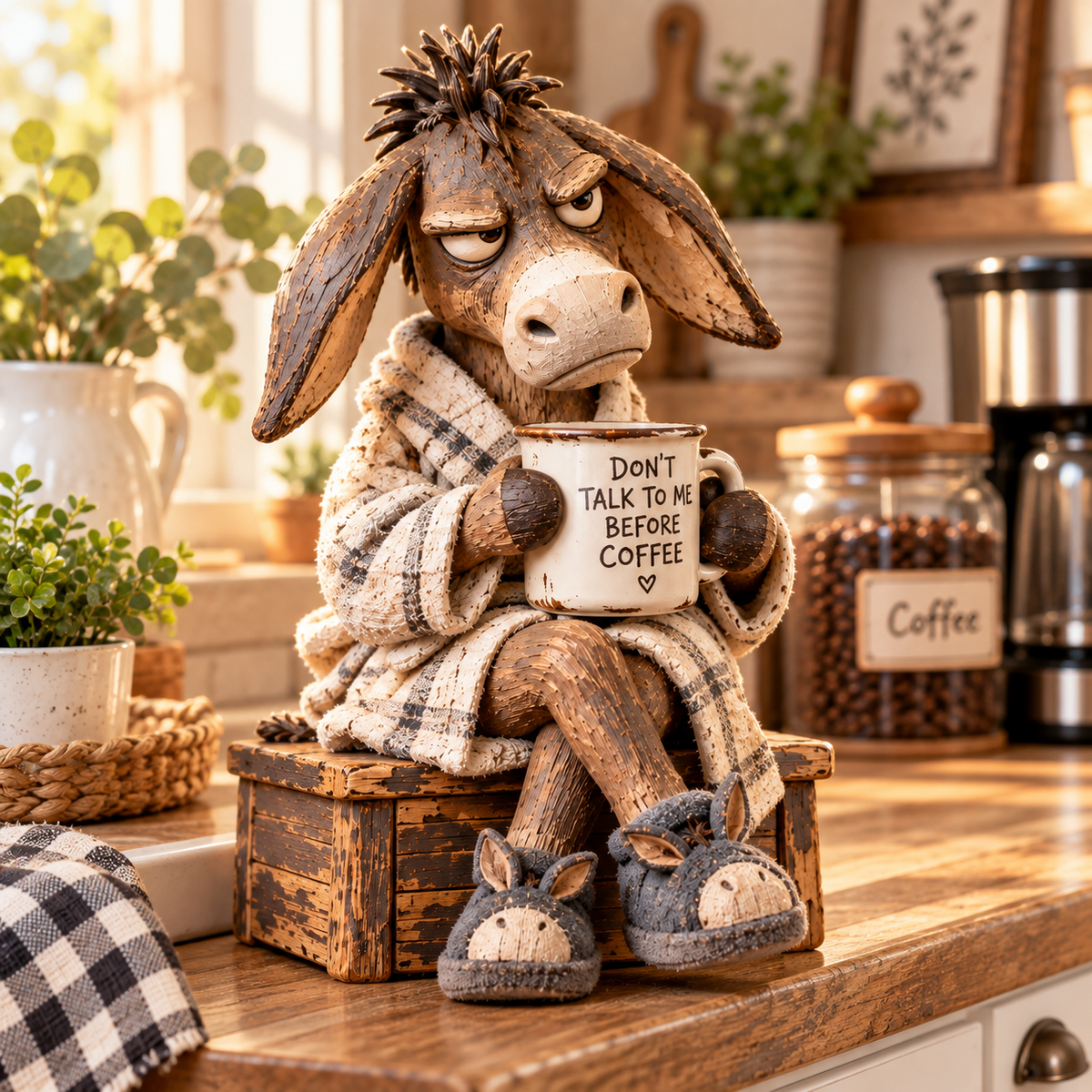 🐴☕ Morning Coffee Donkey – Funny Grumpy Donkey Figurine for Rustic Farmhouse Decor