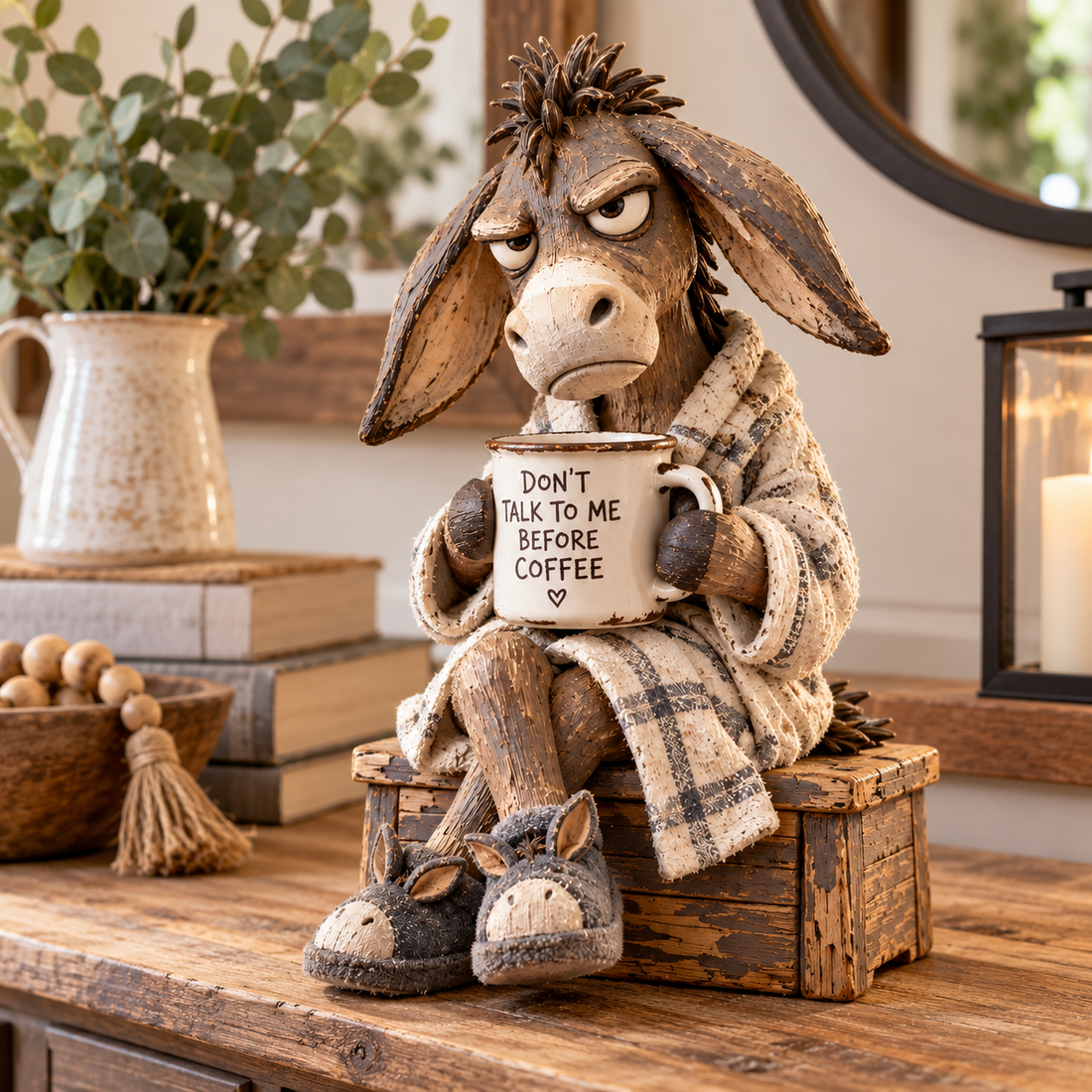 Angled view showing the donkey figurine's sleepy expression, plaid robe, coffee mug, and slippers