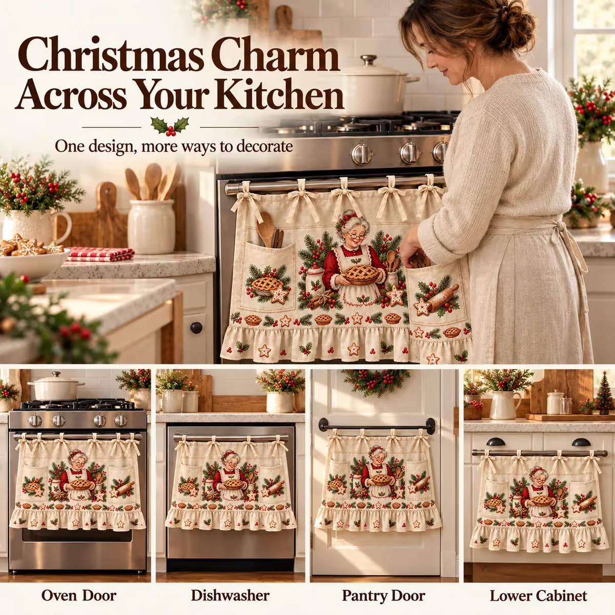⏳ Last Day 49% OFF – 🎄 Christmas Kitchen Tie-On Skirt | Festive Holiday Designs with Pockets & Ruffled Trim ✨