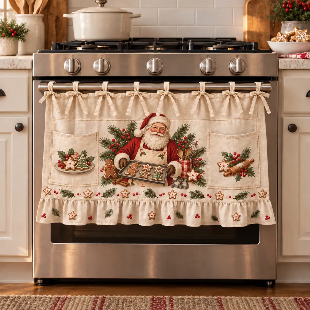 ⏳ Last Day 49% OFF – 🎄 Christmas Kitchen Tie-On Skirt | Festive Holiday Designs with Pockets & Ruffled Trim ✨