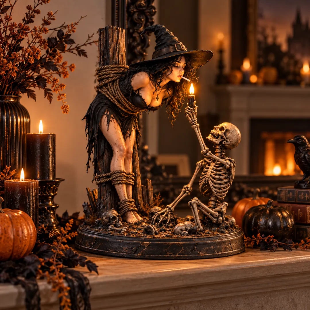 Witch & Skeleton Candle Scene Figurine – Dark Gothic Halloween Tabletop Decor
