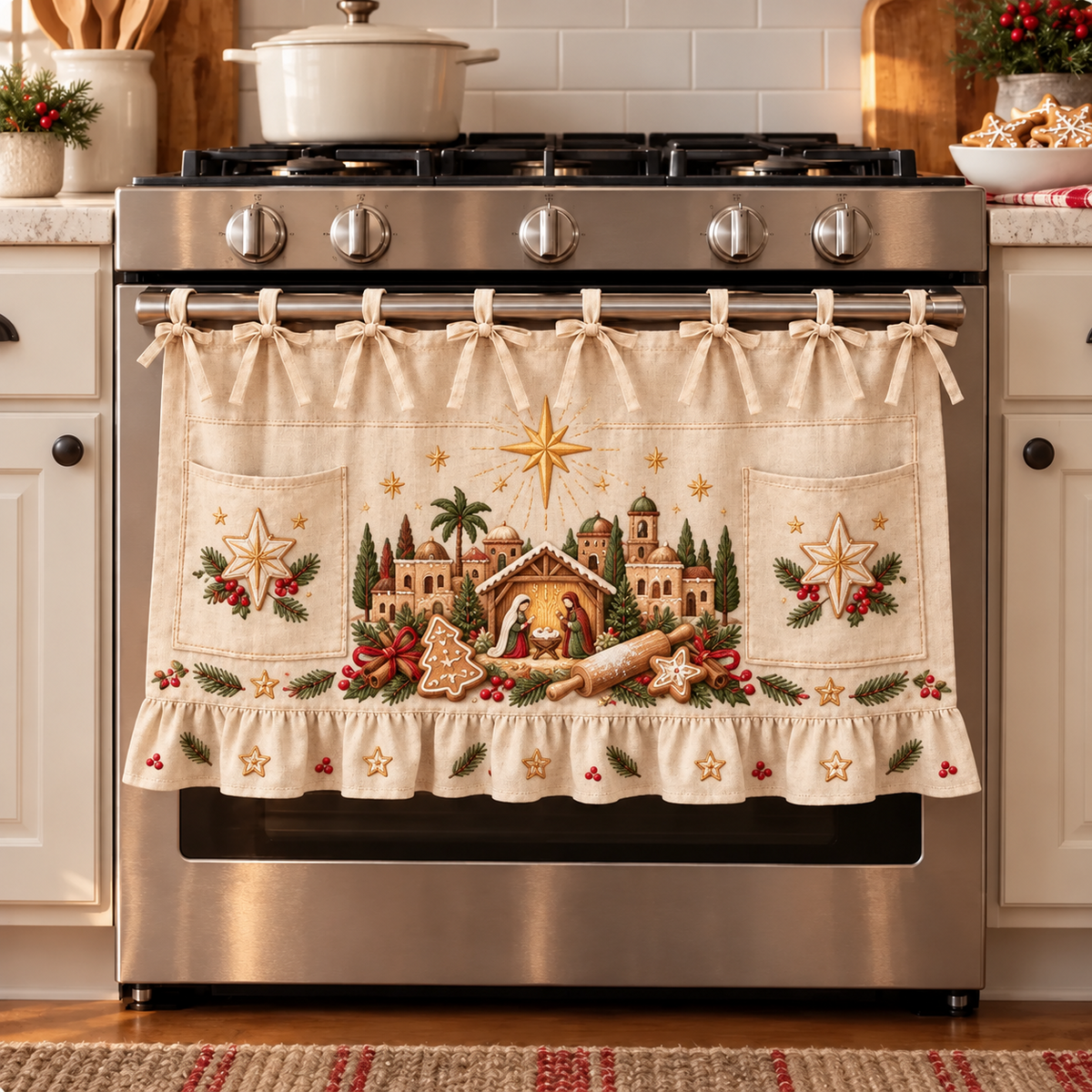 ✝️🎄 Bethlehem Christmas Oven Door Skirt – Nativity Kitchen Decor with Tie-On Bows & Ruffled Trim