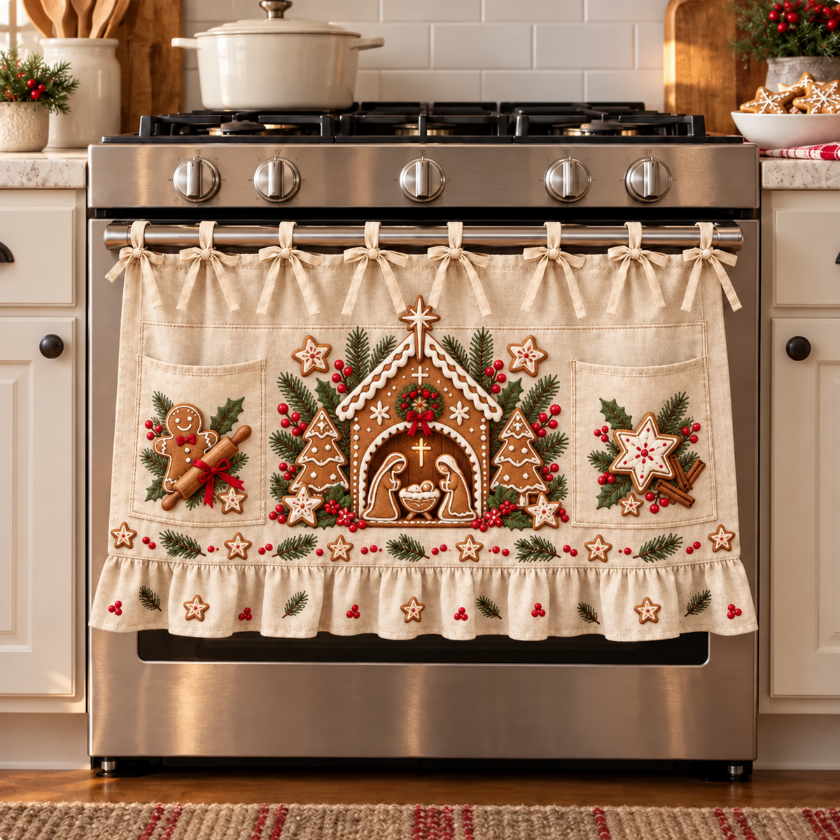 ✝️🎄 Bethlehem Christmas Oven Door Skirt – Nativity Kitchen Decor with Tie-On Bows & Ruffled Trim