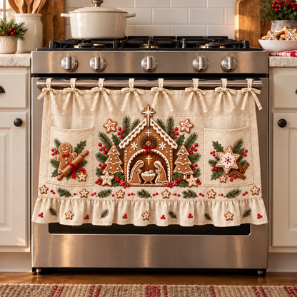 ✝️🎄 Bethlehem Christmas Oven Door Skirt – Nativity Kitchen Decor with Tie-On Bows & Ruffled Trim