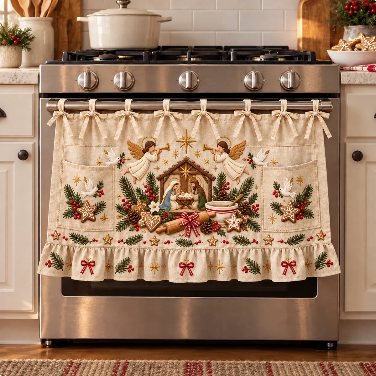 ✝️🎄 Bethlehem Christmas Oven Door Skirt – Nativity Kitchen Decor with Tie-On Bows & Ruffled Trim