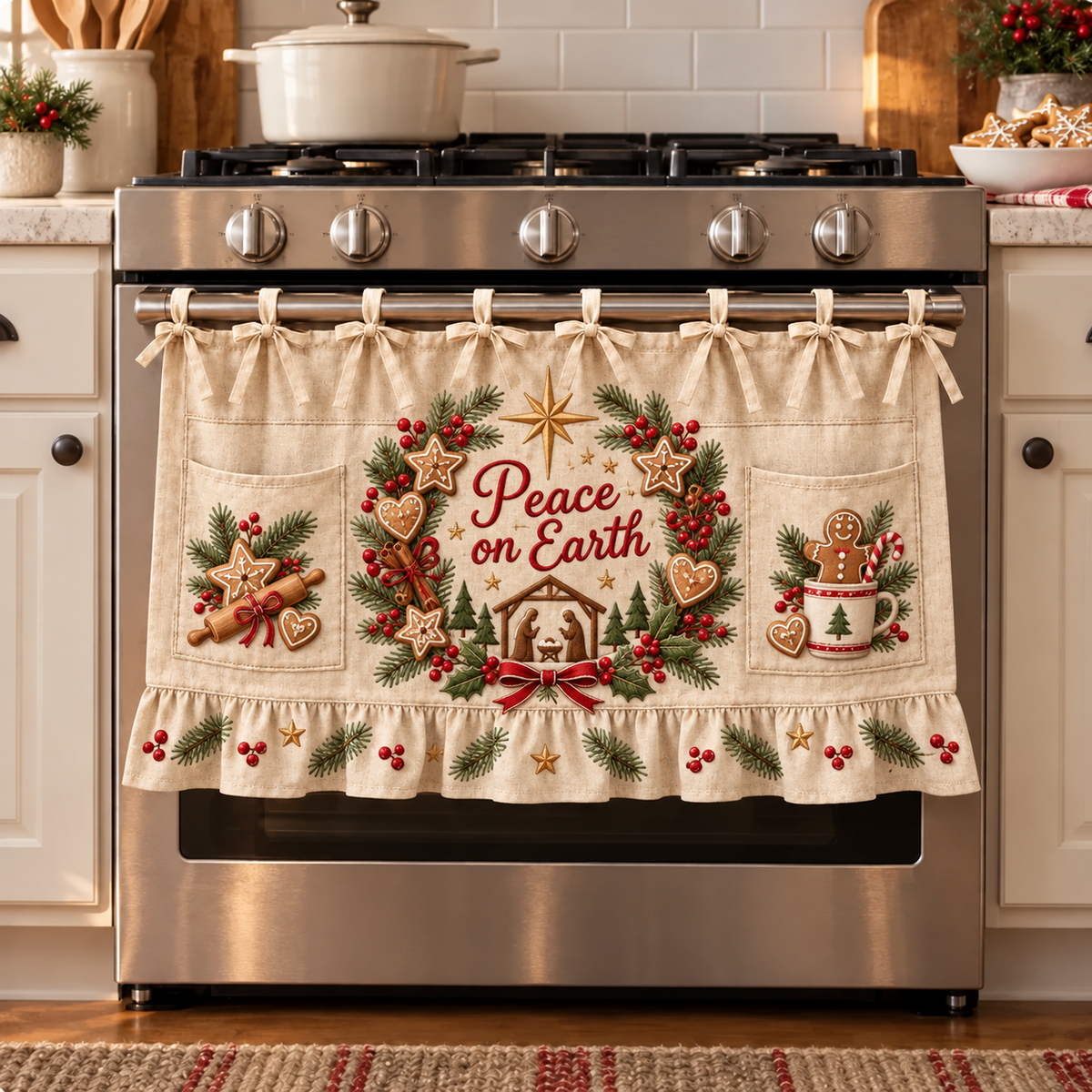 ✝️🎄 Bethlehem Christmas Oven Door Skirt – Nativity Kitchen Decor with Tie-On Bows & Ruffled Trim