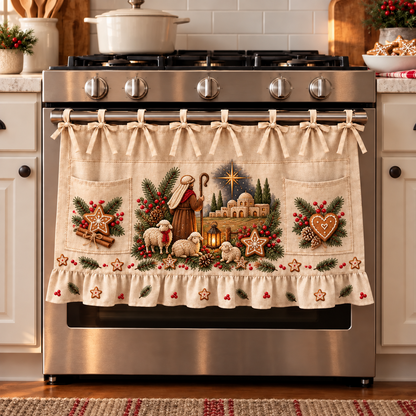 ✝️🎄 Bethlehem Christmas Oven Door Skirt – Nativity Kitchen Decor with Tie-On Bows & Ruffled Trim
