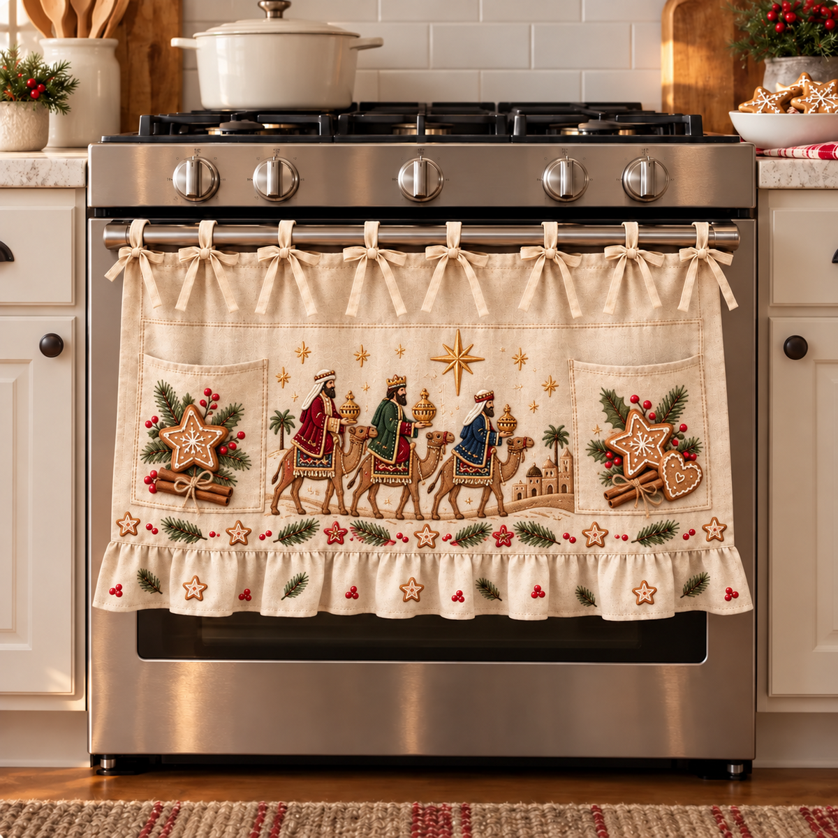 ✝️🎄 Bethlehem Christmas Oven Door Skirt – Nativity Kitchen Decor with Tie-On Bows & Ruffled Trim