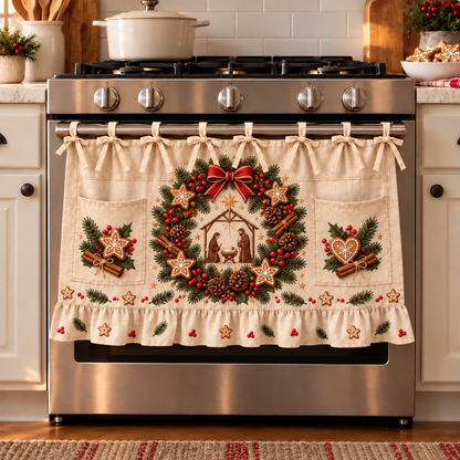 ✝️🎄 Bethlehem Christmas Oven Door Skirt – Nativity Kitchen Decor with Tie-On Bows & Ruffled Trim