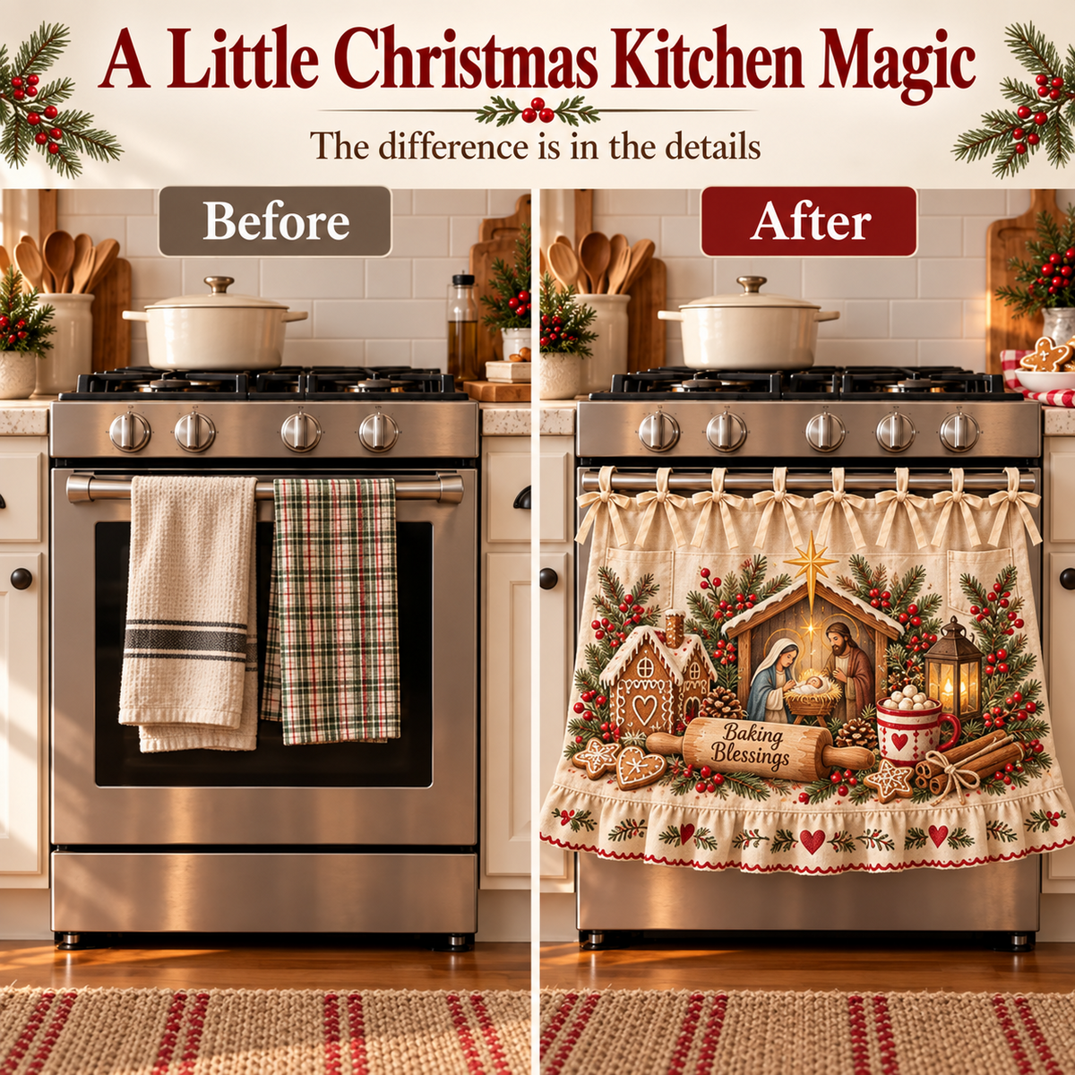 ✝️🎄 Bethlehem Christmas Oven Door Skirt – Nativity Kitchen Decor with Tie-On Bows & Ruffled Trim