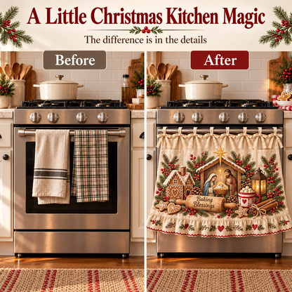 ✝️🎄 Bethlehem Christmas Oven Door Skirt – Nativity Kitchen Decor with Tie-On Bows & Ruffled Trim