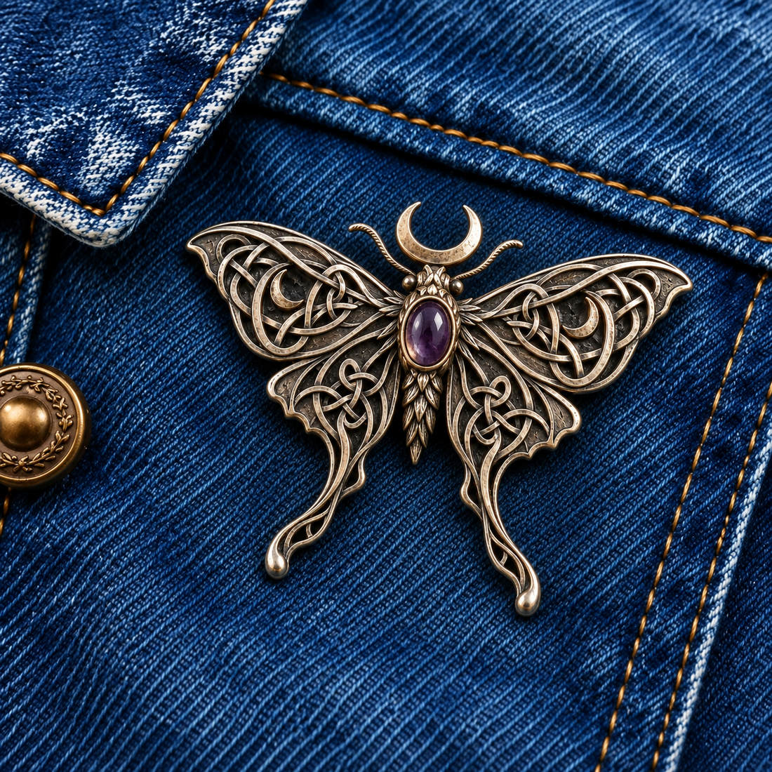 Close view of the moon moth brooch with Celtic inspired wing patterns and a purple center