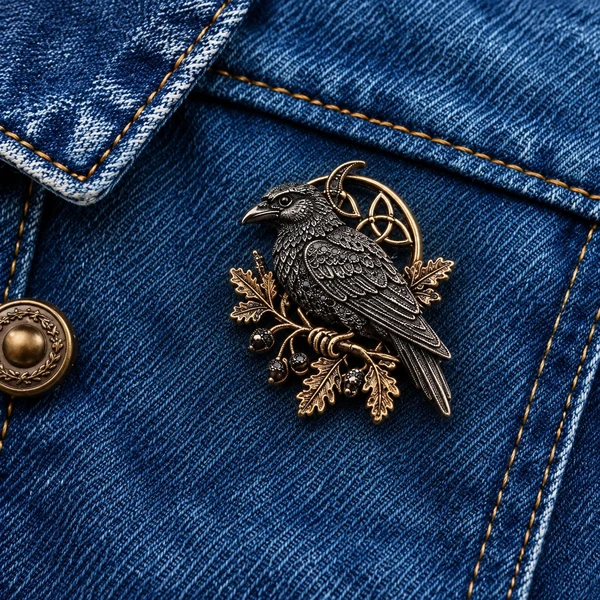 Crow brooch on denim showing feather details, foliage and an ornamental circular motif