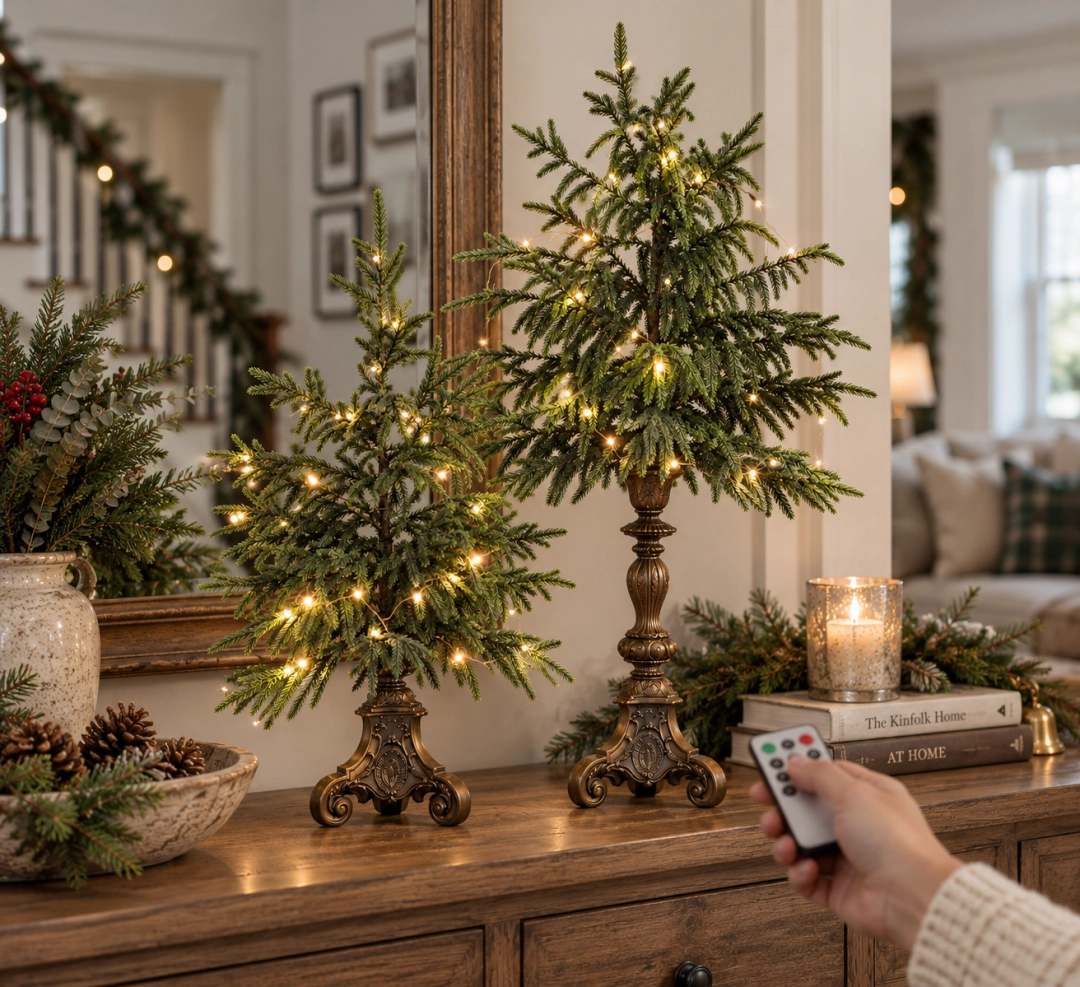 Hand using a remote control beside a pair of illuminated Norfolk pine trees
