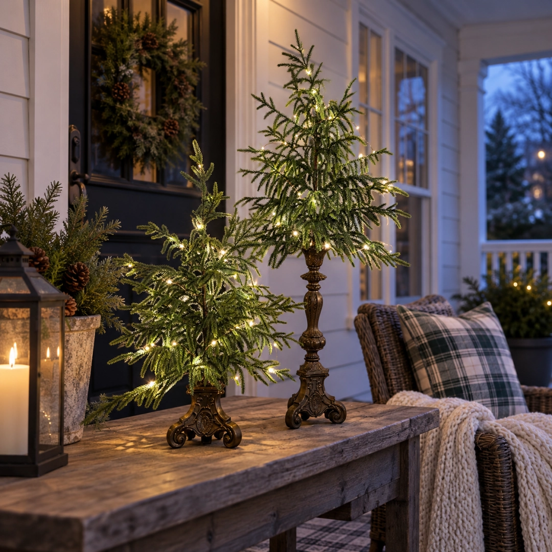 Warmly lit Norfolk pine trees displayed beside a cozy chair at dusk