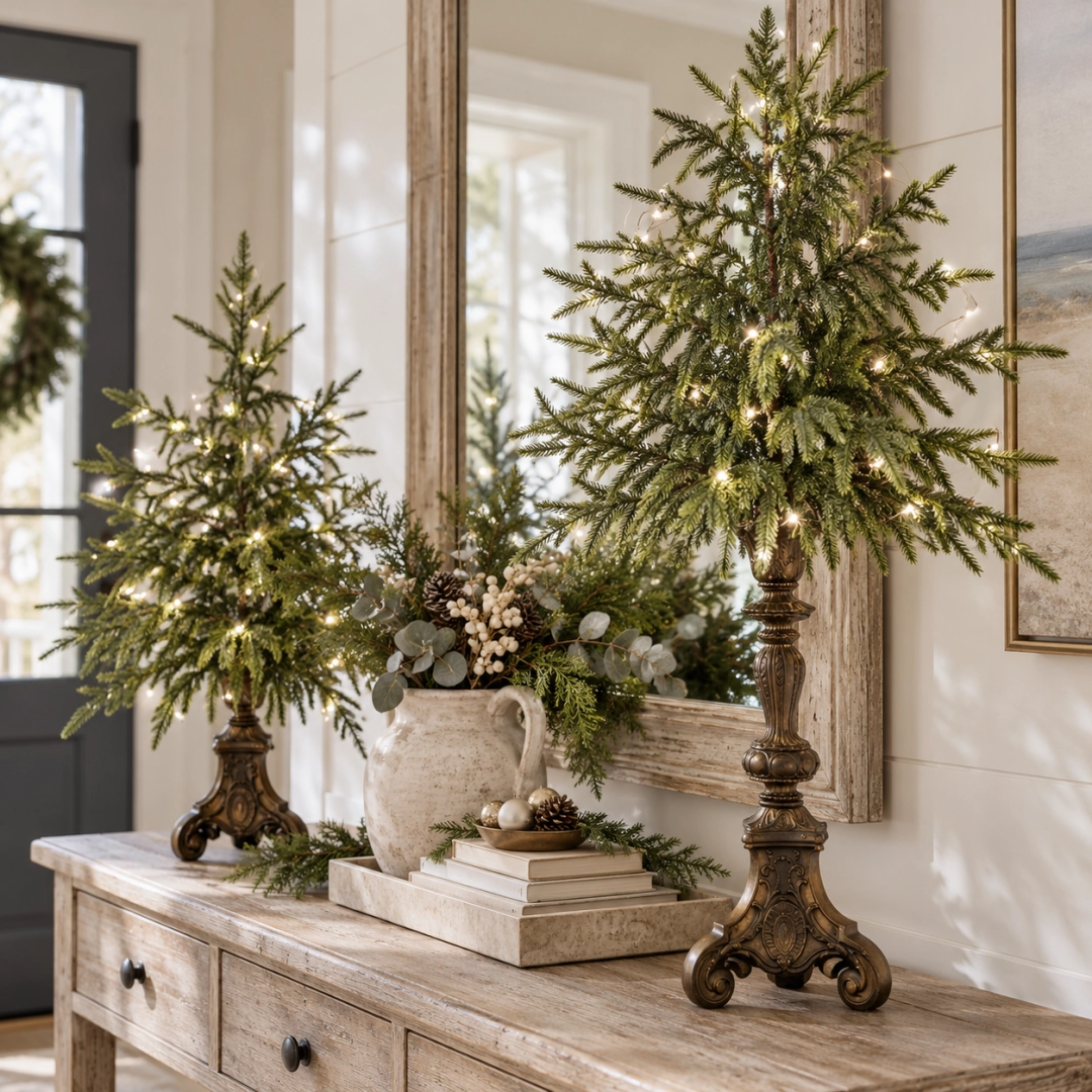 Vintage lighted pine trees arranged on an entryway console with a mirror and seasonal greenery