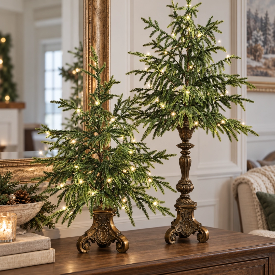 Large and small pine trees showing their ornate antique bronze finish pedestal bases
