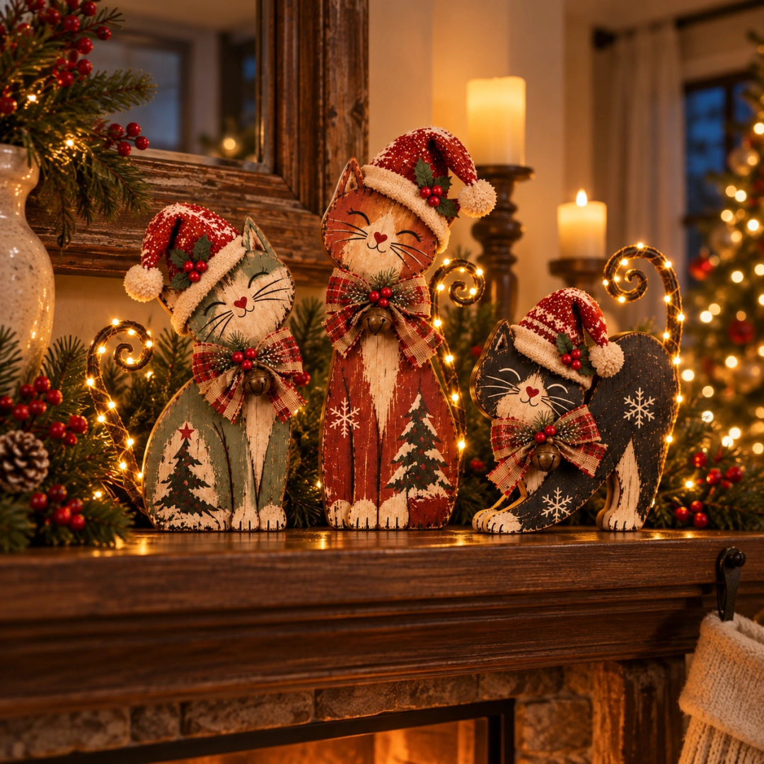 Three vintage Christmas cats with illuminated curled tails displayed together on a festive mantel