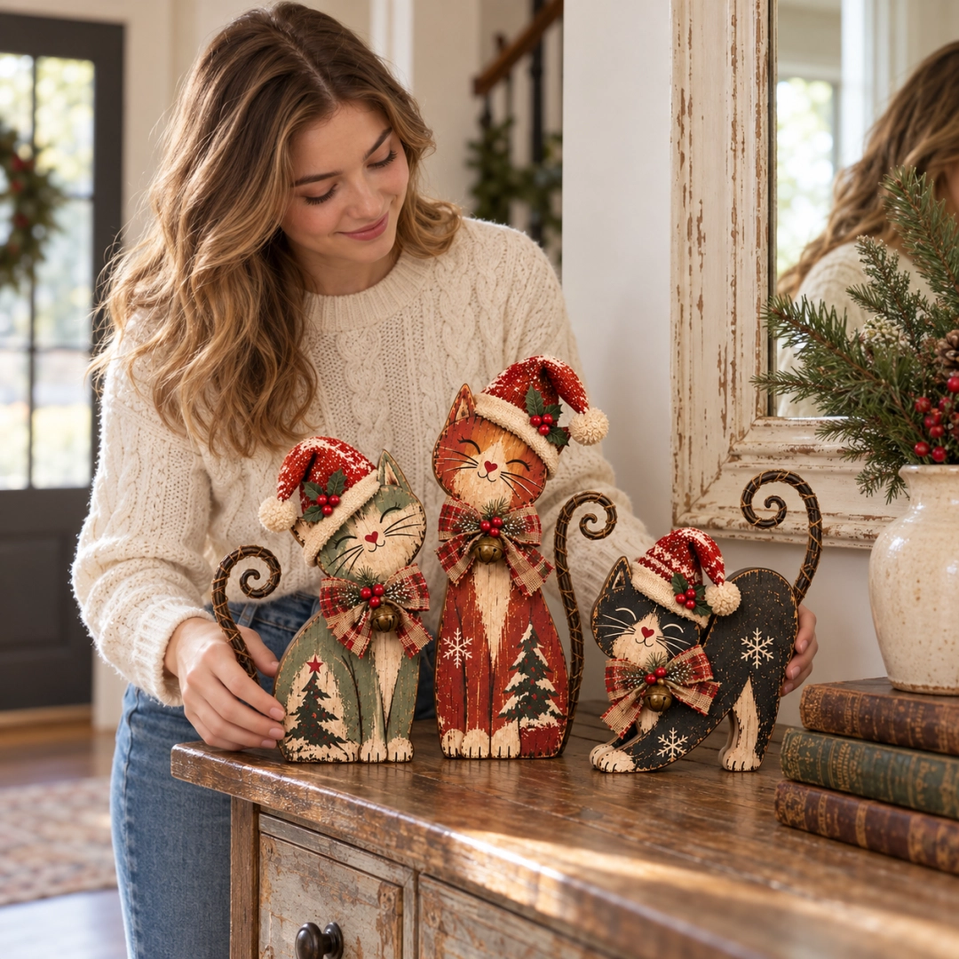 Woman arranging the three vintage Christmas cat decorations on a wooden console