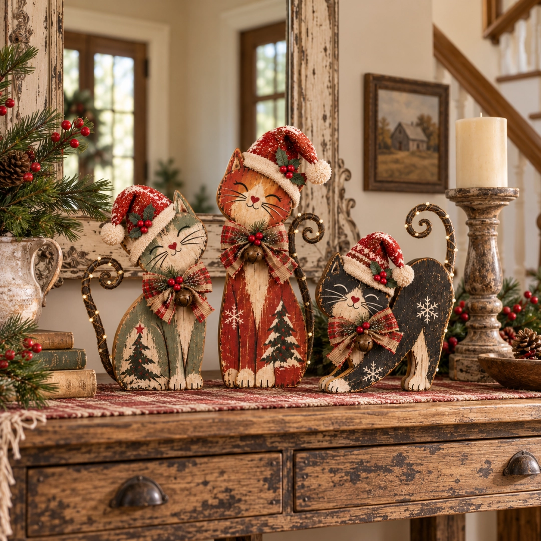 Sage green, terracotta red and charcoal black Christmas cat decorations displayed in daylight
