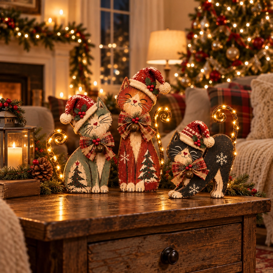 The lighted Christmas cat trio styled on a living room table surrounded by warm holiday decorations