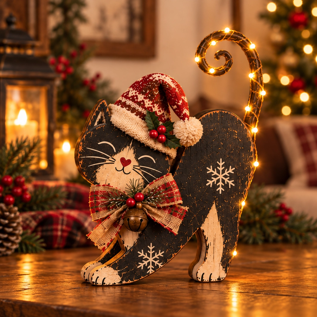 Charcoal black stretching Christmas cat with warm white lights following its tall curled tail
