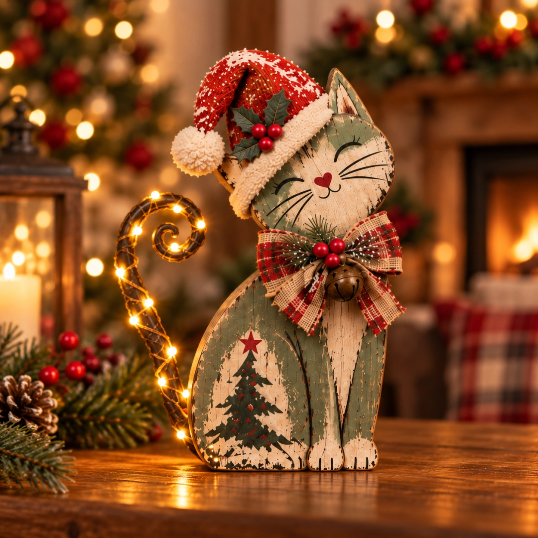 Close view of the sage green sitting cat with a Santa hat, plaid bow, bell and distressed decorative finish