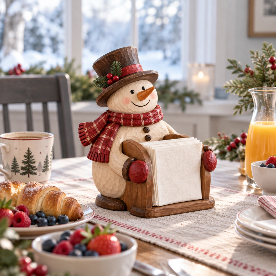 Wooden Snowman Napkin Holder on Christmas breakfast table