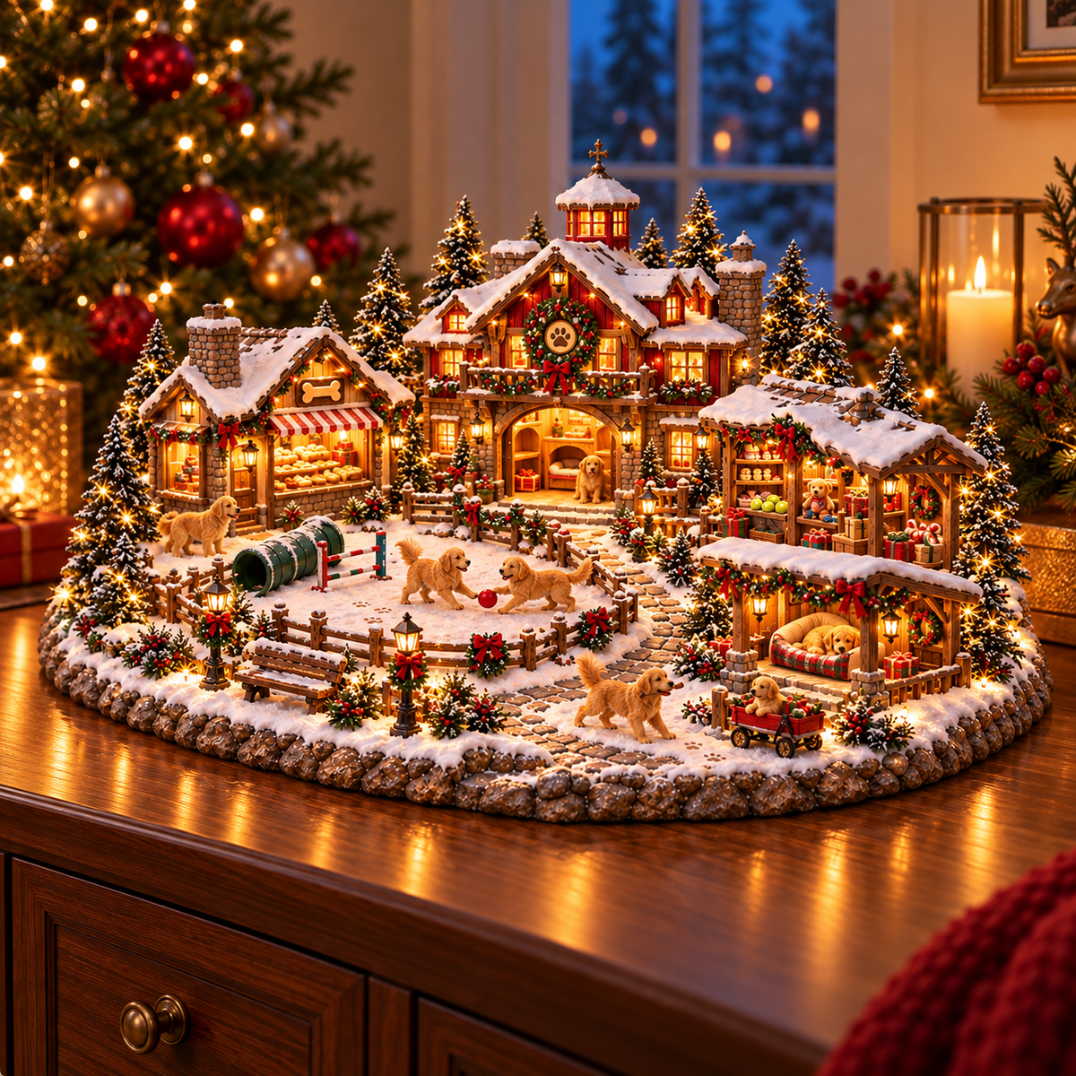 Lighted Golden Retriever Christmas Village glowing at night