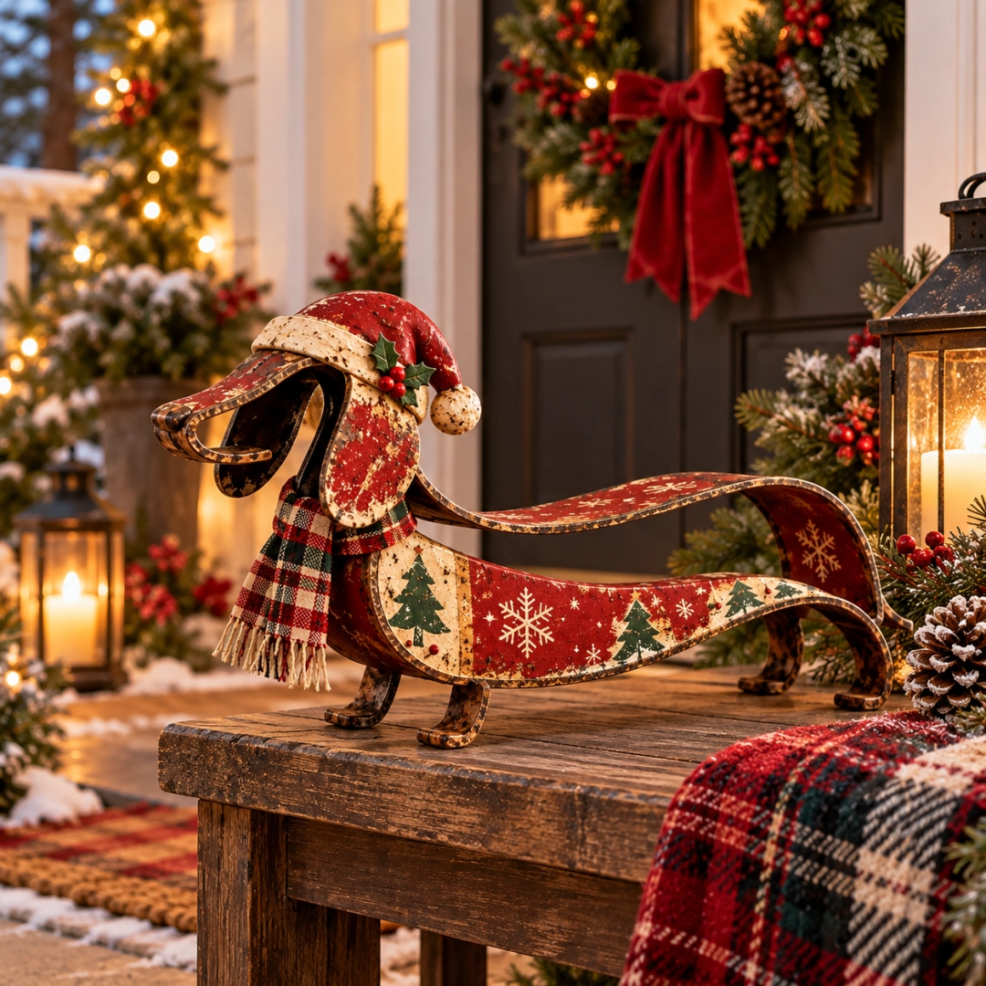 Vintage Christmas Dachshund Metal Figurine