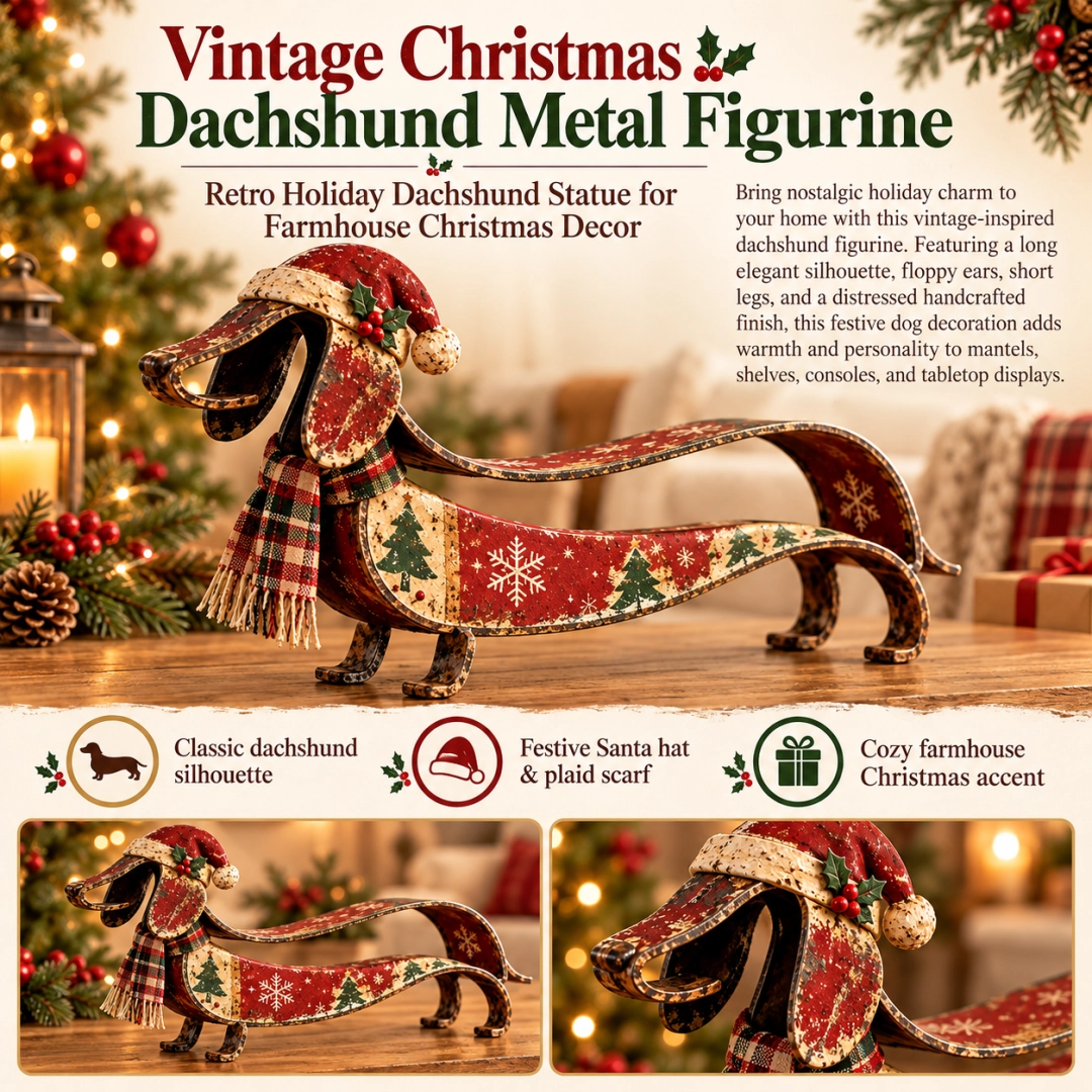 Vintage Christmas Dachshund Metal Figurine
