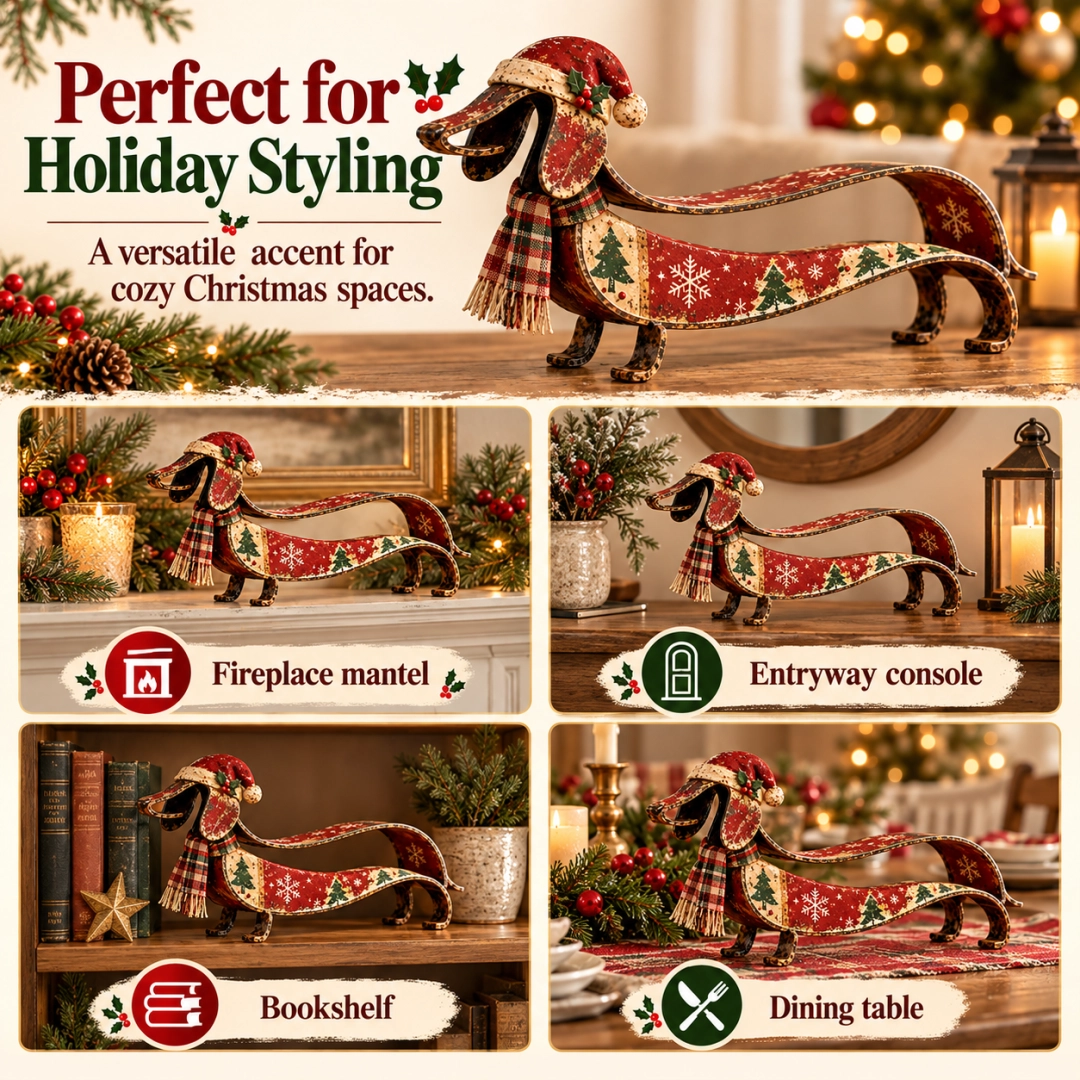 Vintage Christmas Dachshund Metal Figurine