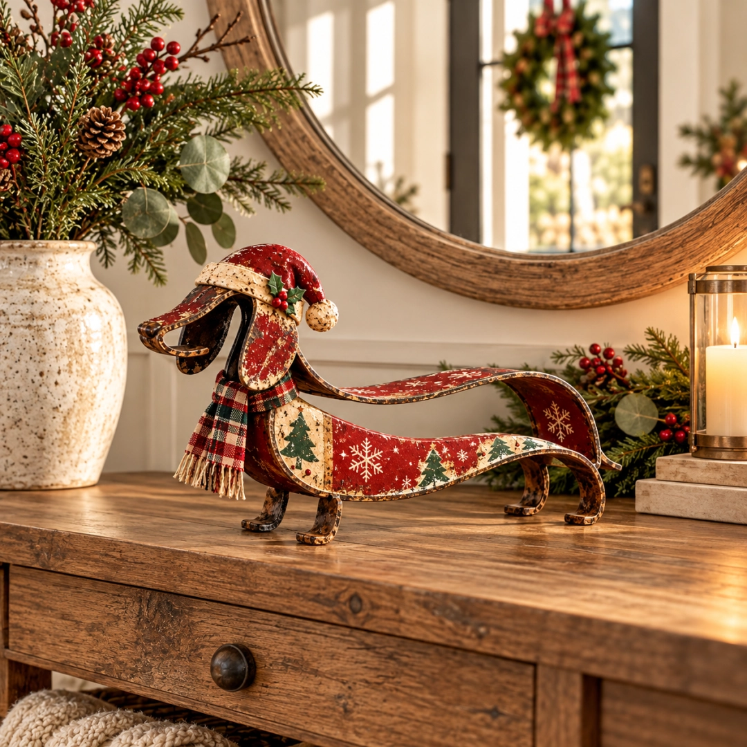 Vintage Christmas Dachshund Metal Figurine