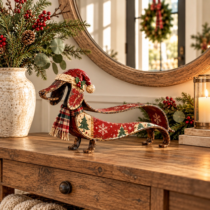 Vintage Christmas Dachshund Metal Figurine