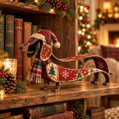 Vintage Christmas Dachshund Metal Figurine