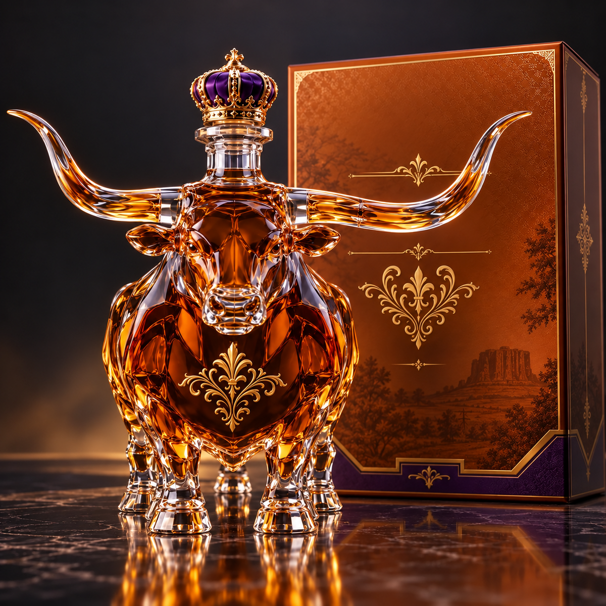 Western horned bull glass decanter with amber-toned glass and presentation box