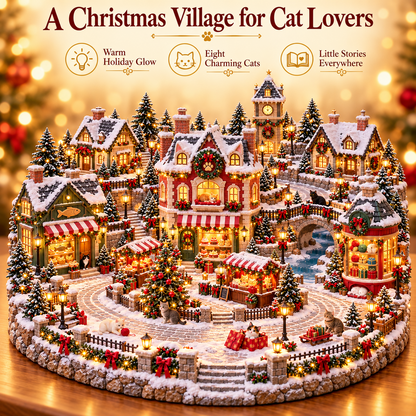 Christmas Cat Village 🐱🎄 – Lighted Cat Lover’s Holiday Scene 🐈✨