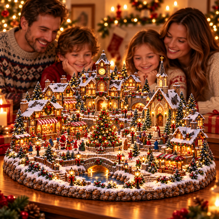 Santa Claus sharing gifts in the Christmas village