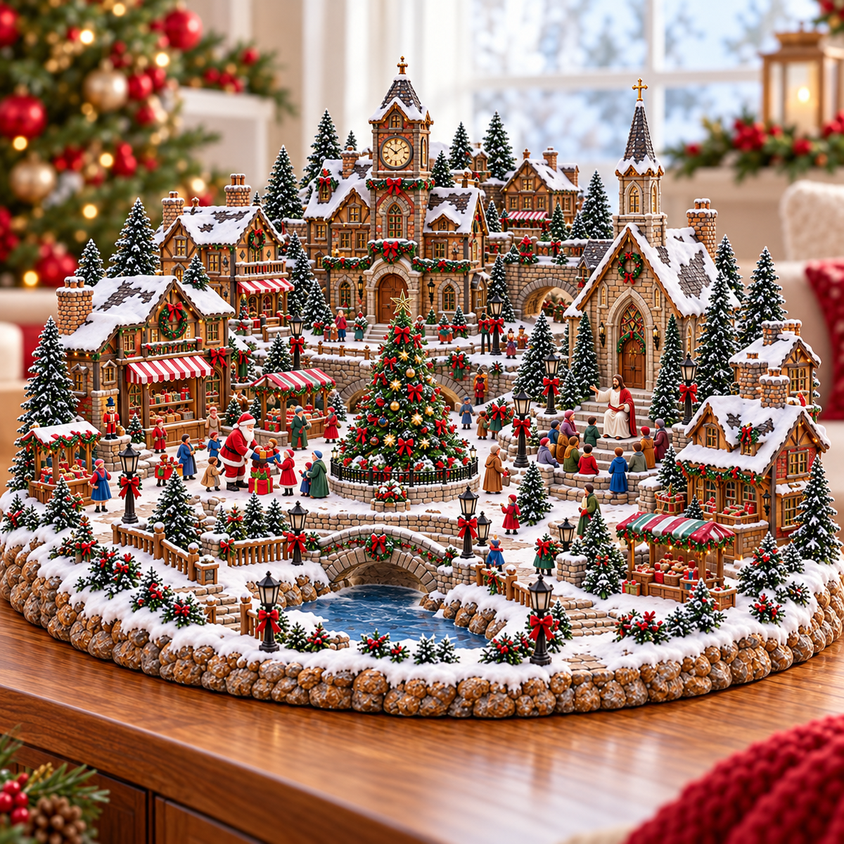 Wide view of the lighted Christmas village display