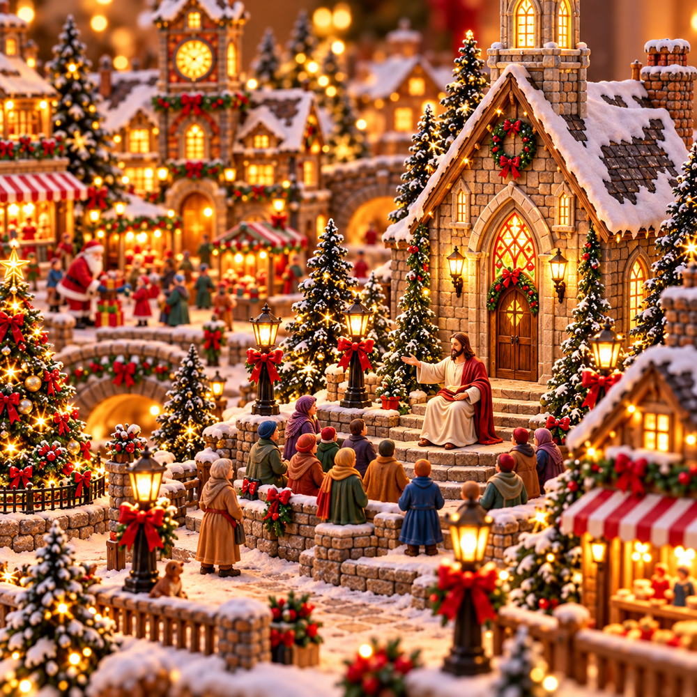 Lighted Christmas village with a warm holiday glow