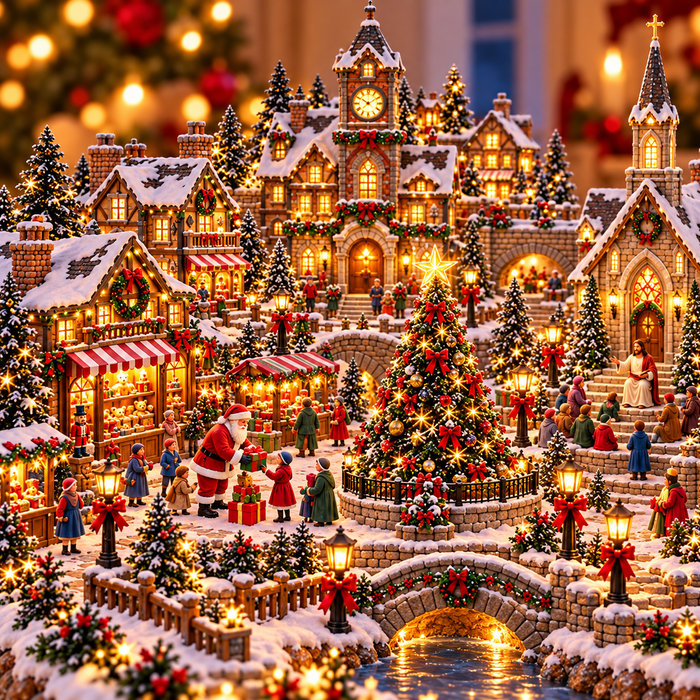 Festive details in the lighted Christmas village