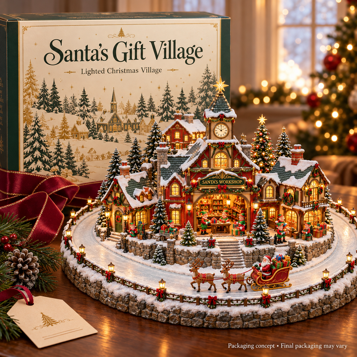 Santa’s Christmas Gift Village 🎅🎁 – Lighted Holiday Scene of Santa Delivering Gifts 🎄✨