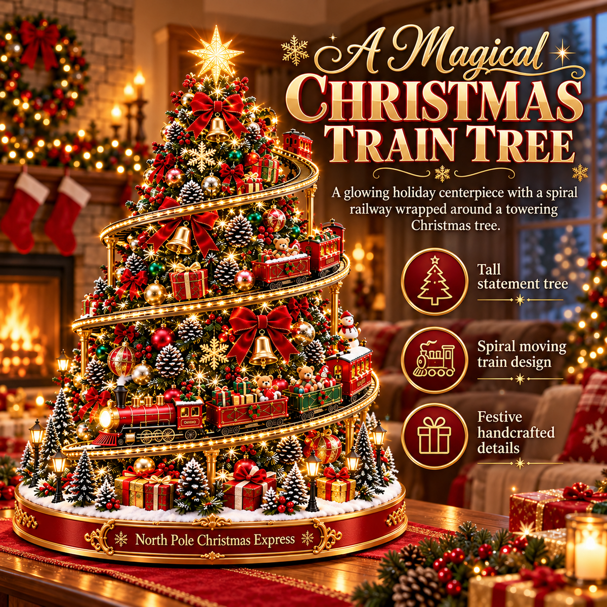 North Pole Christmas Express Tree 🎅🚂 – Magical Lighted Holiday Village Decor ✨🎄