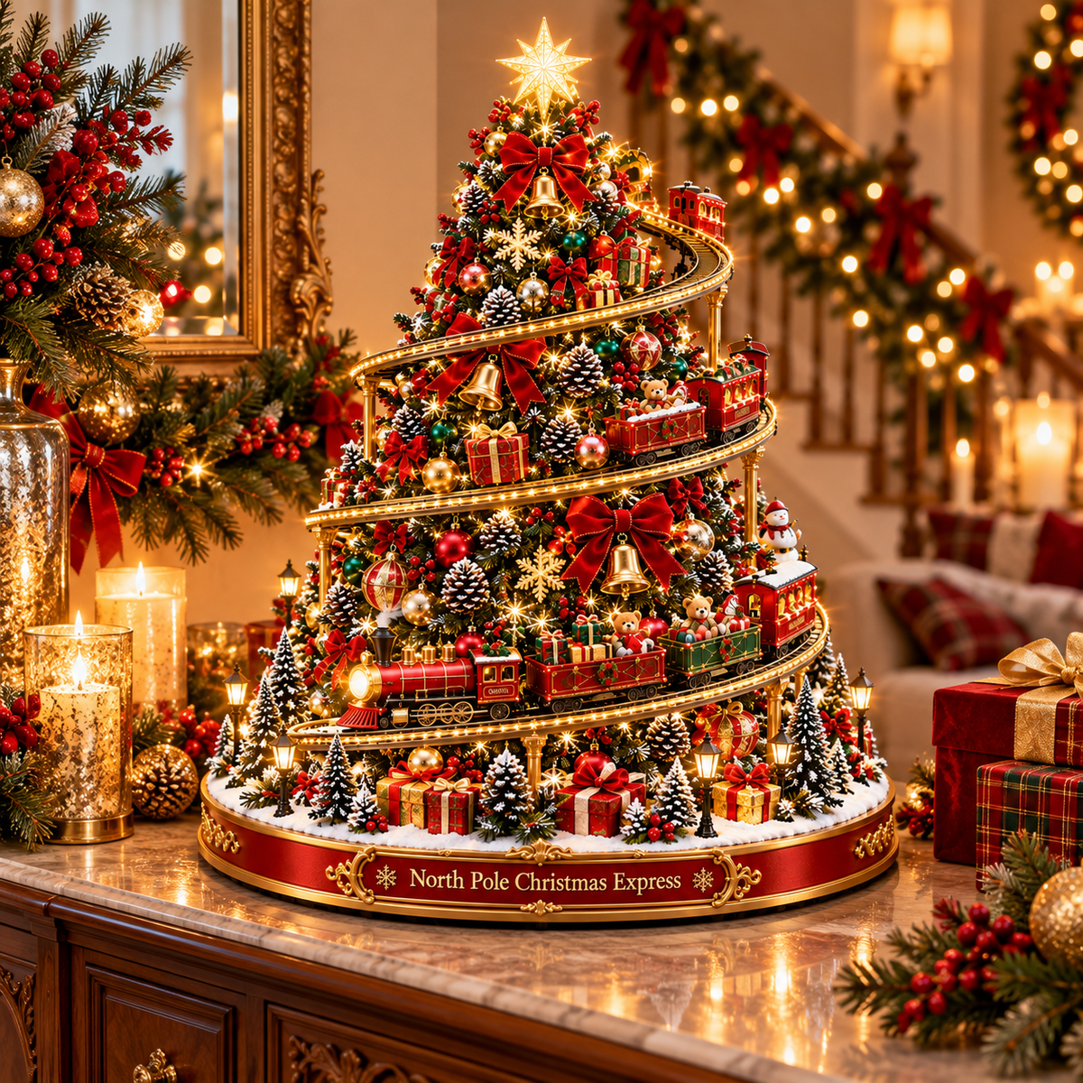 North Pole Christmas Express Tree 🎅🚂 – Magical Lighted Holiday Village Decor ✨🎄