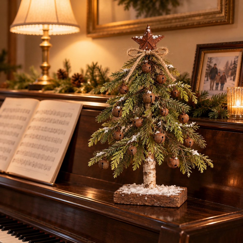 Rustic tabletop Christmas tree decorating a piano with warm seasonal lighting