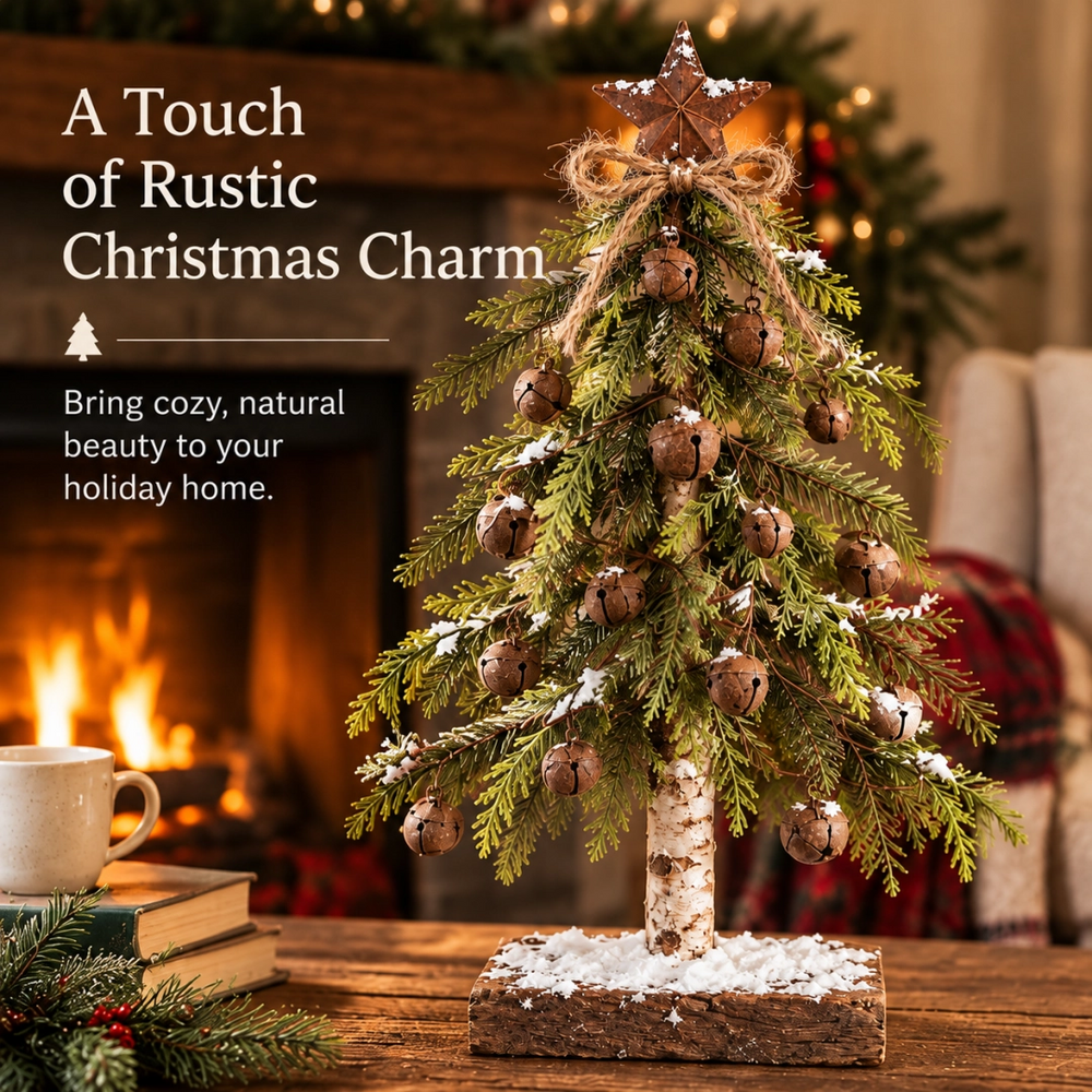 Rustic Christmas tree styled near a cozy holiday fireplace