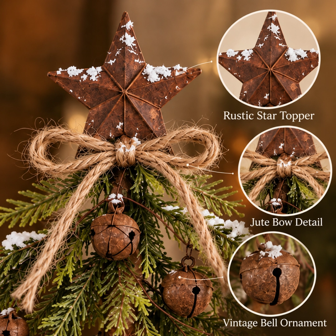Close-up details of the rustic star topper, jute bow and vintage bell ornaments