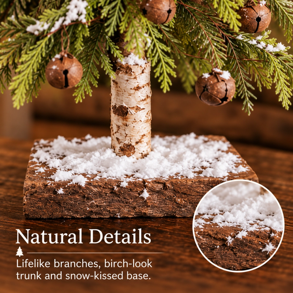 Detailed snowy base and birch-look trunk of the Christmas tree