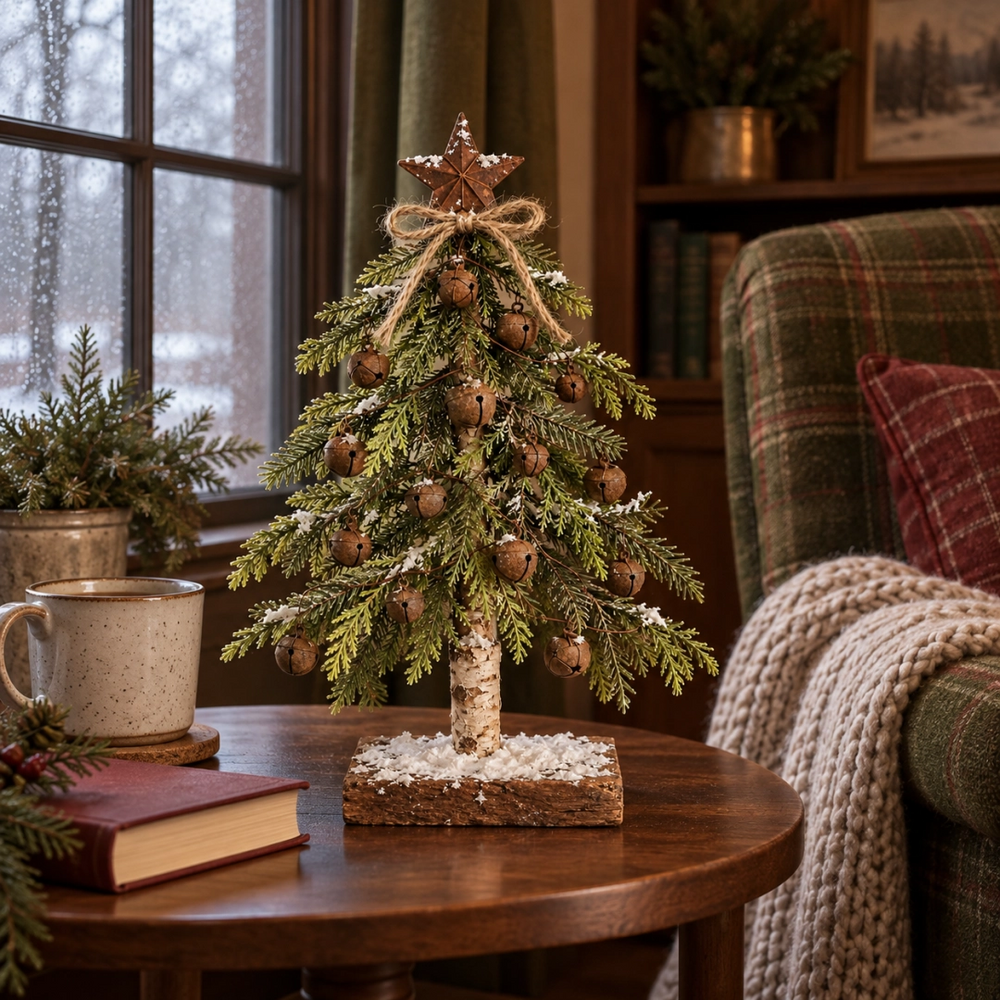 Snow-Kissed Bell and Star Christmas Tree beside a cozy armchair and winter window